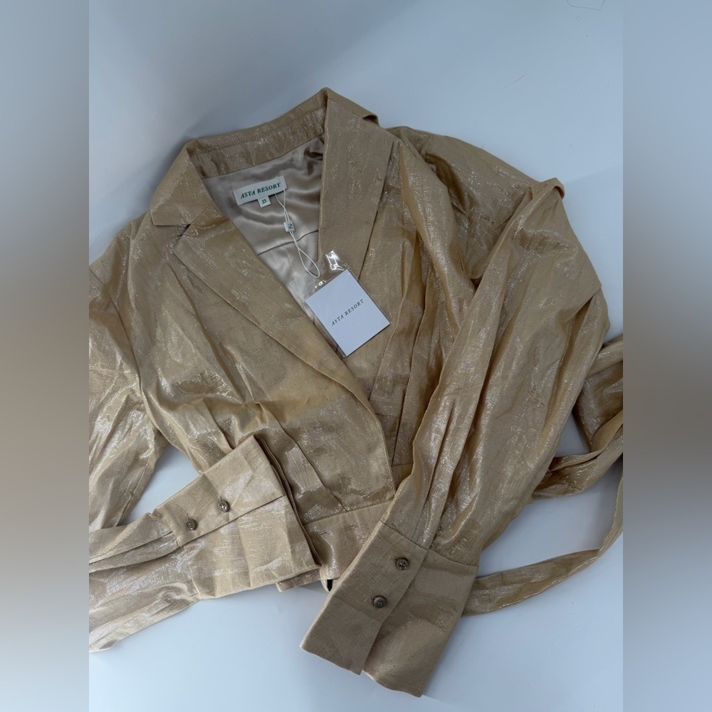 Asta Resort Viola Wrap Tie Waist Long Sleeve Plunge Collared Shiny Shirt In Gold - Picture 3 of 4